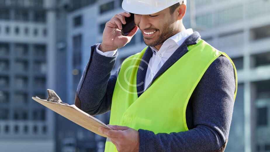 Hombre con casco y chaleco de seguridad amarillo sonríe mientras habla por teléfono y sostiene un portapapeles al aire libre en una obra de construcción, listo para ayudar a entender los códigos de construcción para su guía de propietarios.