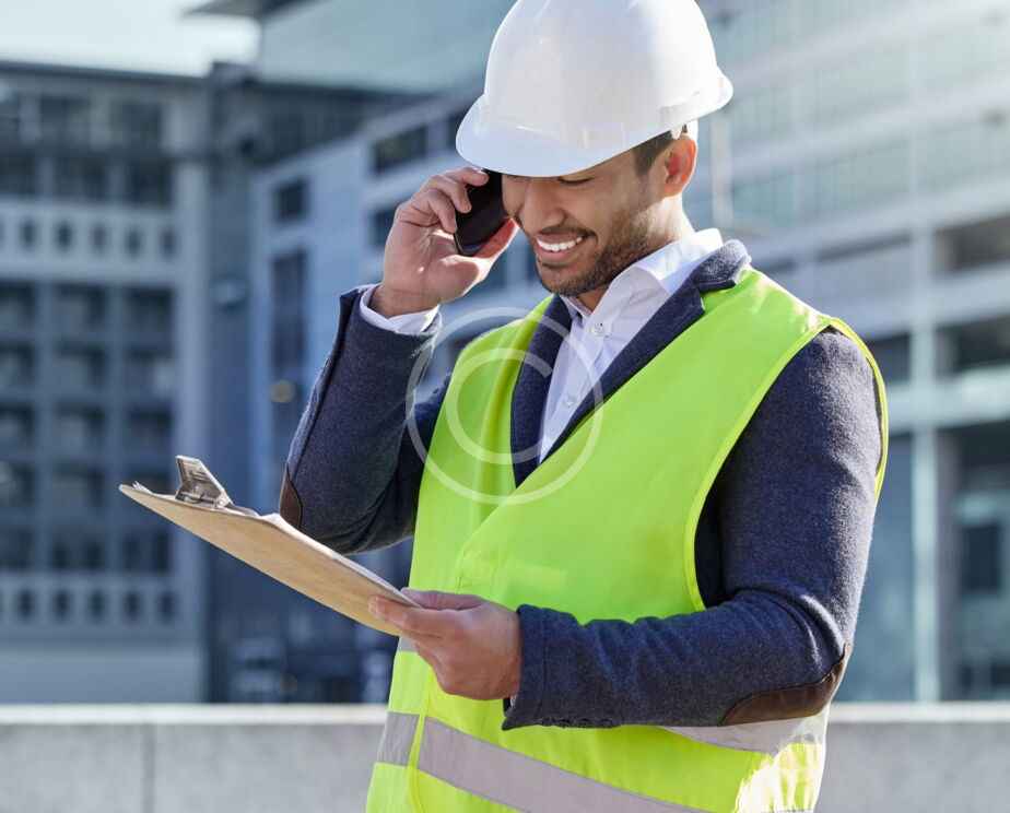 Hombre con casco y chaleco de seguridad amarillo sonríe mientras habla por teléfono y sostiene un portapapeles al aire libre en una obra de construcción, listo para ayudar a entender los códigos de construcción para su guía de propietarios.