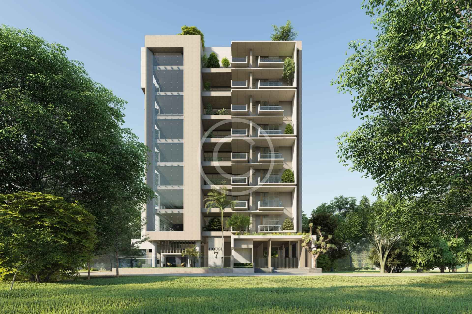 Moderno edificio de apartamentos de mediana altura con grandes balcones y zonas verdes, diseñado a partir de un plano detallado, rodeado de árboles y césped bajo un cielo despejado.
