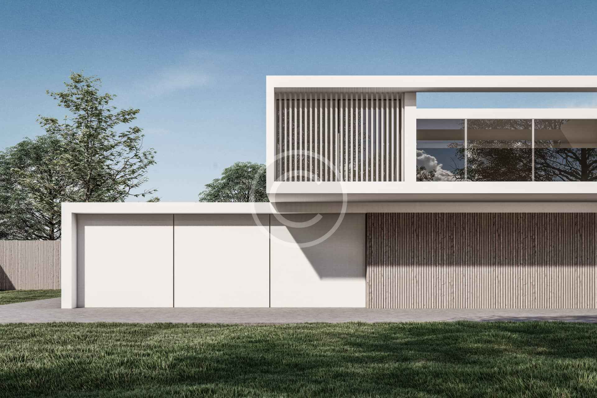 Moderna casa de dos plantas con grandes ventanales, listones verticales de madera y tejado plano, enmarcada en un cielo despejado y rodeada de árboles y césped, meticulosamente construida siguiendo estrictas directrices de construcción.