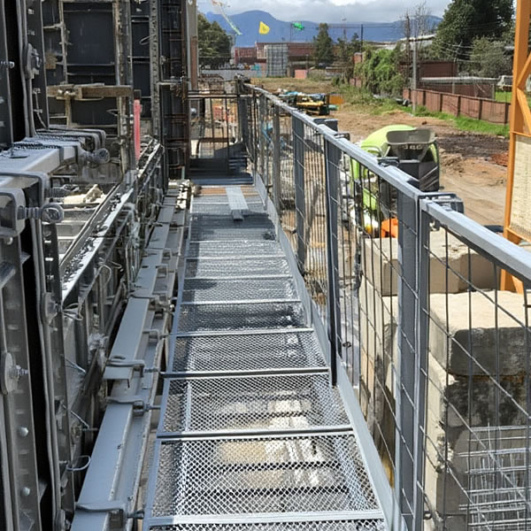 Una pasarela metálica de construcción con suelo de malla y barandillas de seguridad está unida a un edificio en construcción, con equipos y vehículos visibles en el fondo.