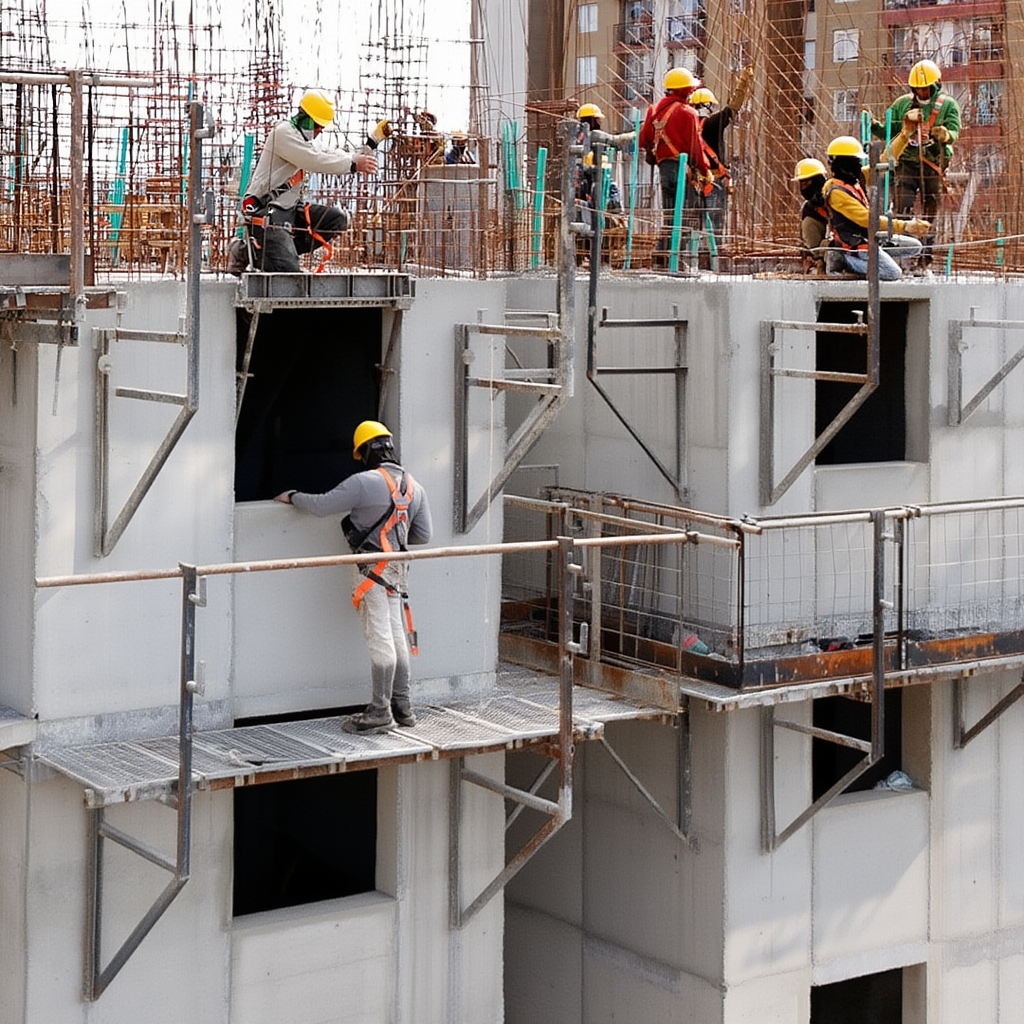 Obreros de la construcción con equipo de seguridad trabajan en el exterior y en los niveles superiores de un edificio de varios pisos en construcción, rodeados de andamios y barras de refuerzo.