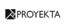 Home 10 Logotipo en blanco y negro con un diseño geométrico cuadrado a la izquierda y la palabra "PROYEKTA" en negrita y fuente moderna a la derecha.