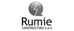Home 15 Logotipo para Rumie Constructora S.A.S. con un símbolo circular con un rayo y el nombre de la empresa en texto negro debajo.