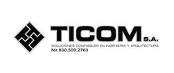 Home 14 Logotipo de TICOM S.A. con un símbolo geométrico en blanco y negro a la izquierda y el texto "Soluciones confiables en ingeniería y arquitectura" y número de teléfono debajo del nombre de la empresa.