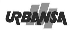 Home 13 Logotipo de URBANSA con letras negras en negrita y tres paralelogramos grises superpuestos de fondo.