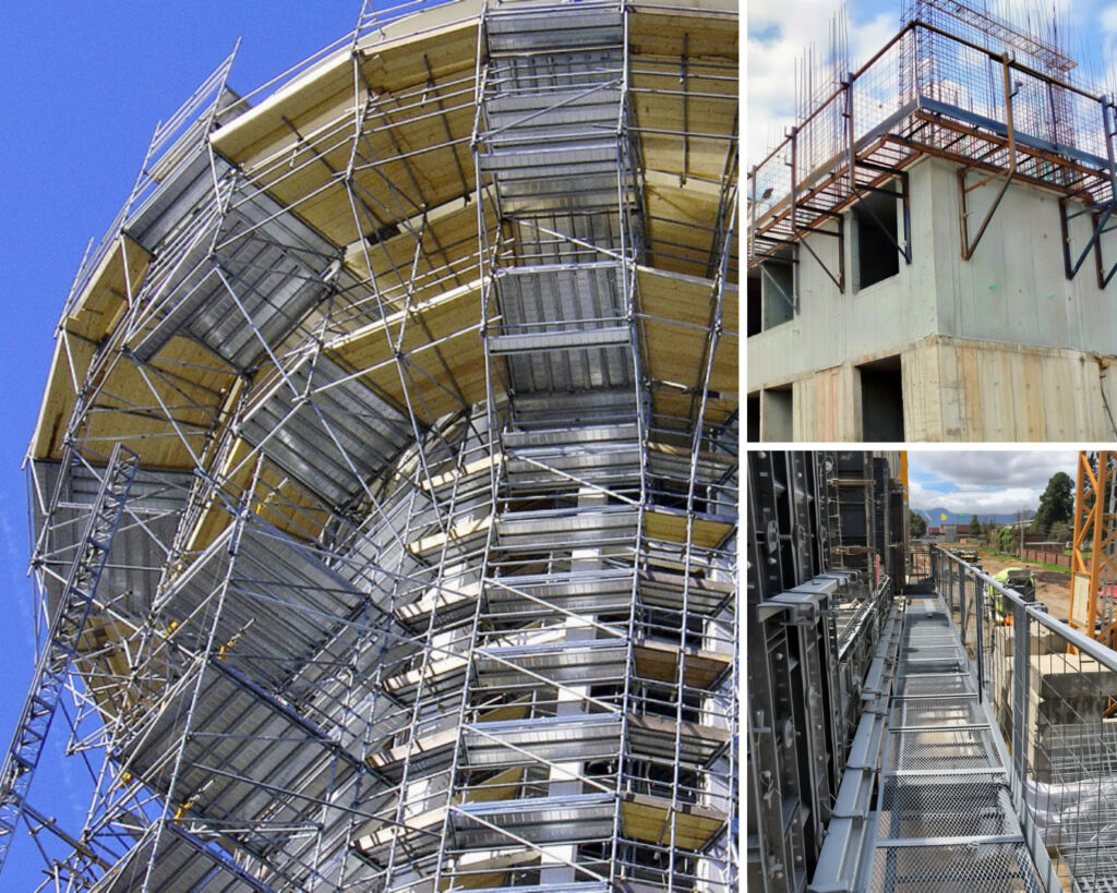 Imagen compuesta que muestra varias fases de construcción de un edificio: andamiaje extenso sobre una estructura de formaleta curva, hormigón visto, entramados de acero y una pasarela metálica bajo cielos despejados.