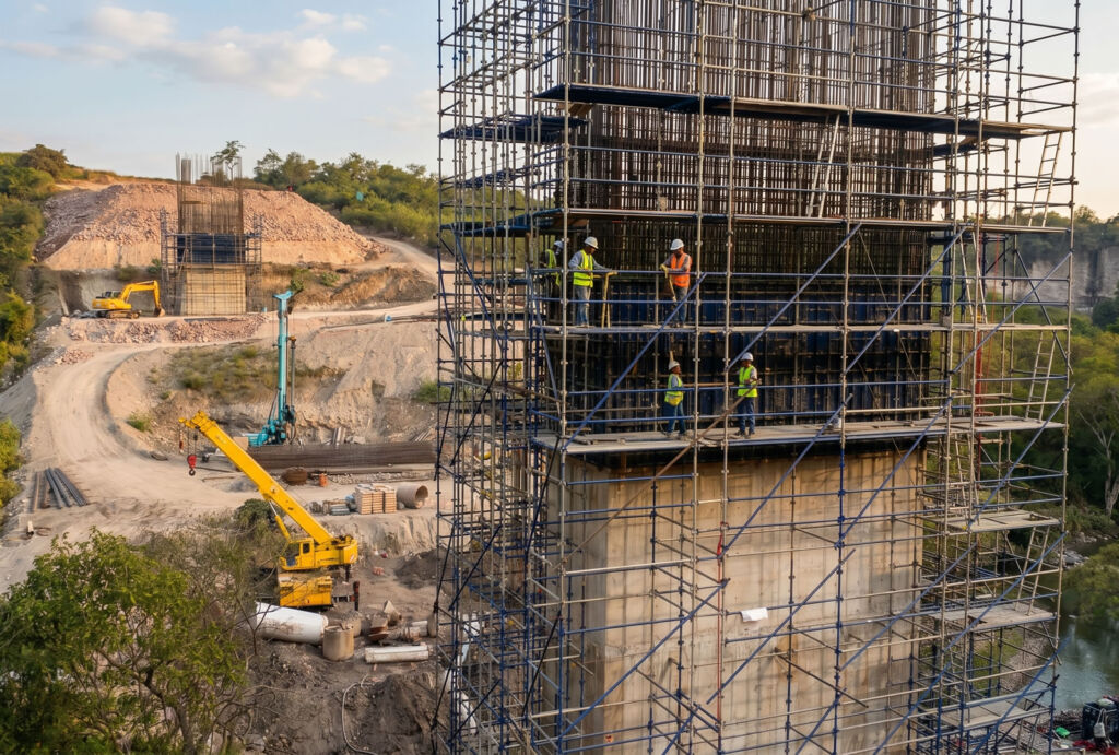 Unos obreros de la construcción se encuentran sobre andamios y encofrados alrededor de un alto pilar de hormigón en las obras de construcción de un puente, con grúas y maquinaria pesada al fondo.